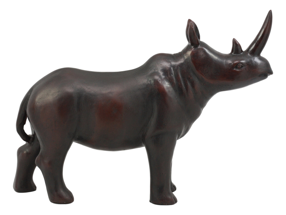 Ebros African Safari Rhino Rhinoceros Statue 9.5" Long in Dark Mahogany Faux Wood Finish