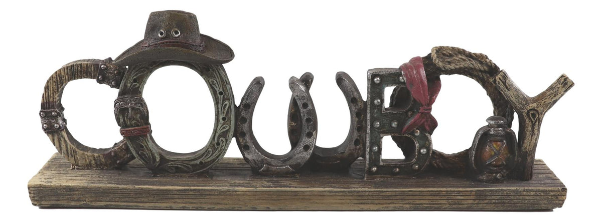 Rustic Western Cowboy Sign Ropes Hat Horseshoes Faux Barnwood Desktop Plaque