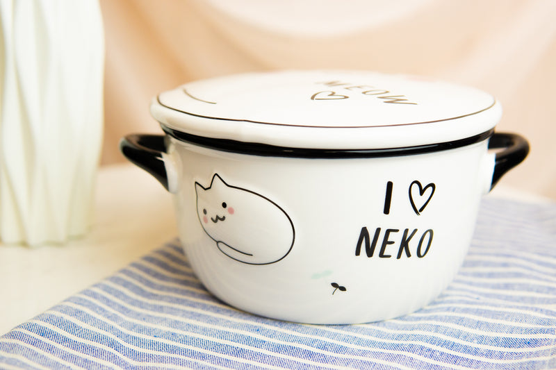 Pack Of 2 White Maneki Neko Lucky Cat Porcelain Kids Food Bowls W/ Lid 25Oz