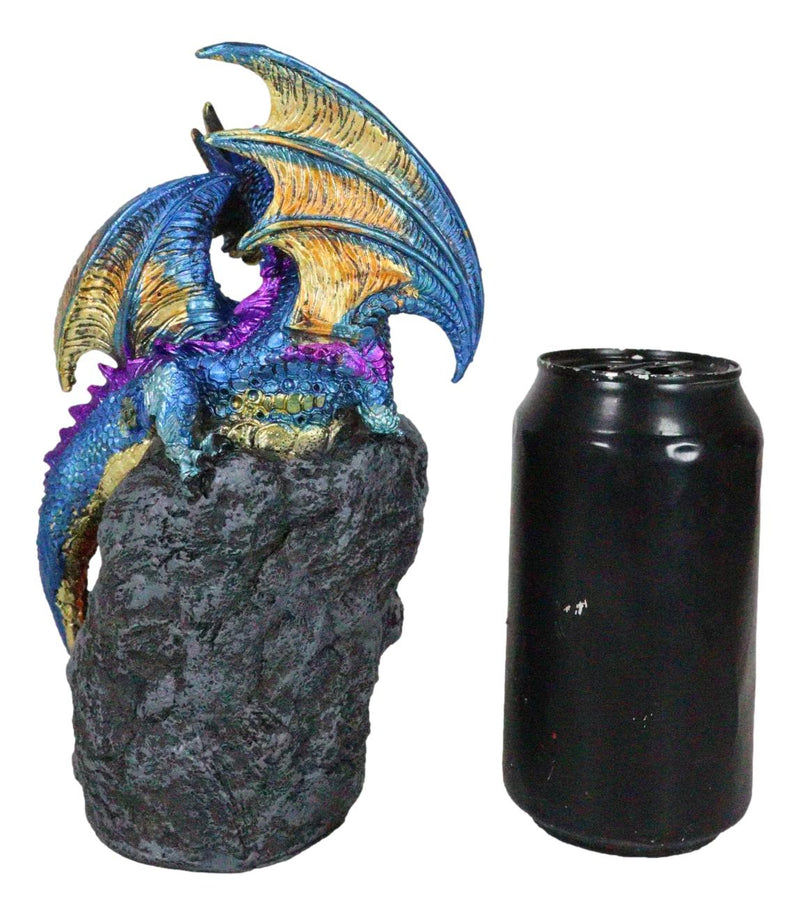 Metallic Blue Iridescent Dragon On Faux Geode Rock Quartz Crystal Cove Figurine