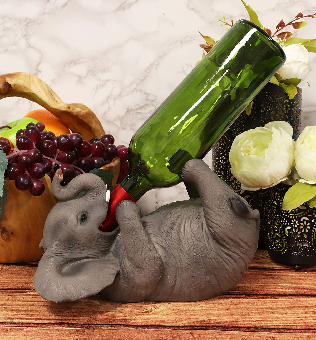Ebros Kitchen Decor Safari Savannah Elephant Pachyderm Wine Oil Bottle Holder Figurine - Ebros Gift
