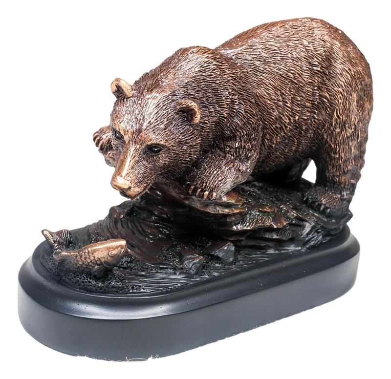Woodlands Grizzly Bear By River Rock Catching Fish Bronze Electroplated Figurine