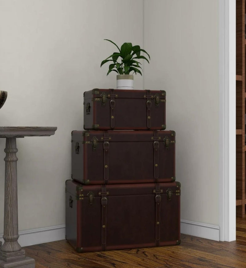 Set Of 3 Stackable Large Wood Vintage Brown Leather Trunk Case Boxes Organizer