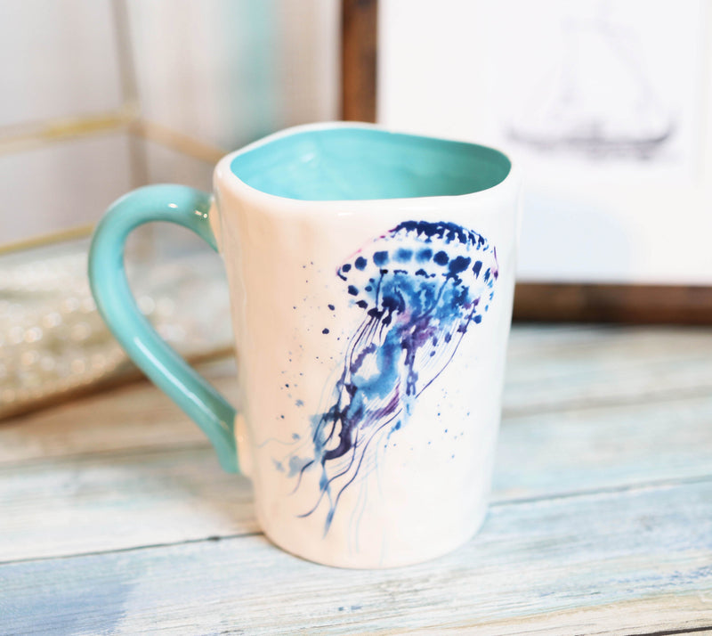 Nautical Marine Blue And White Jellyfish Ceramic Drinking Coffee Mug Pack Of 2