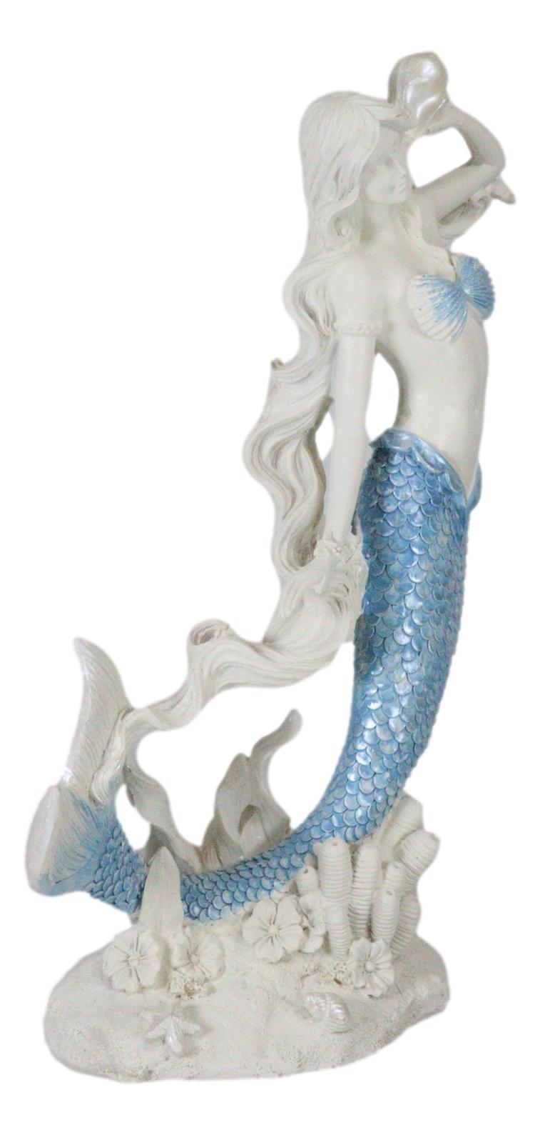 Ebros Aqua Blue Tailed Mermaid Listening To Sconce Figurine 12"H Ocean Goddess