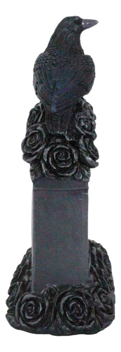 Gothic Raven Crow Perching On Black Roses Graveyard Tomb Headstone Figurine