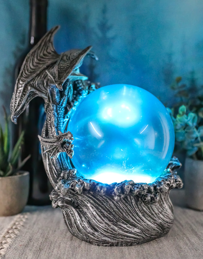 Silver Ocean Dragon Riding Tidal Sea Waves With Colorful LED Sphere Orb Figurine