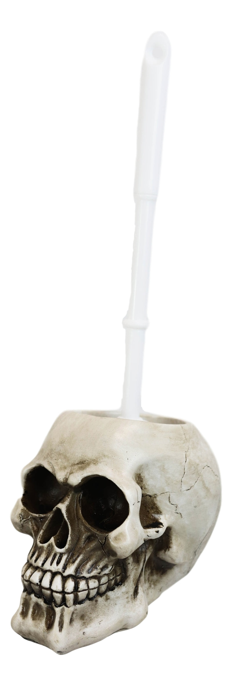 Macabre Grinning Skull Cranium Toilet Brush & Base Holder Bathroom 2 Piece Set