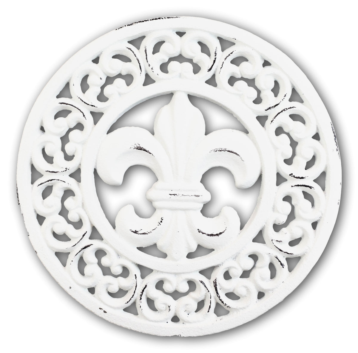 Rustic Off White Round Fleur De Lis Medallion In Scroll Design Cast Iron Trivet