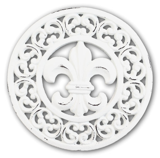 Rustic Off White Round Fleur De Lis Medallion In Scroll Design Cast Iron Trivet