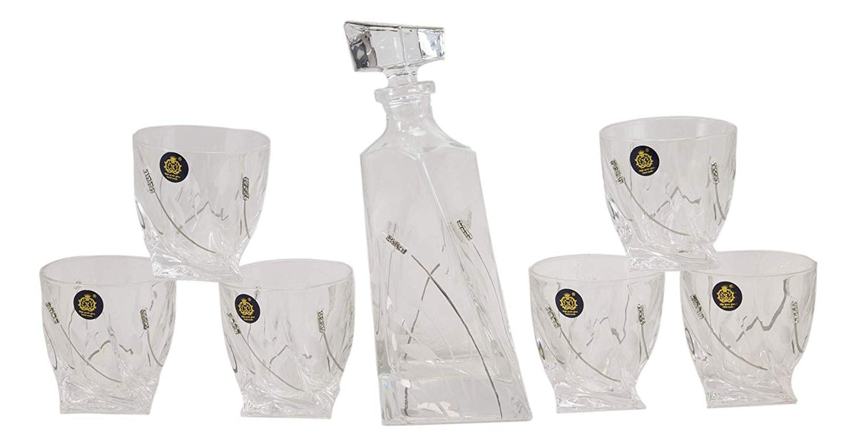 7 Piece Whiskey Scotch Brandy Set Elegant Clear Glass Decanter And DOF Glasses - Ebros Gift