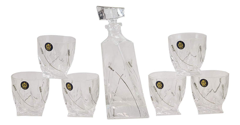 7 Piece Whiskey Scotch Brandy Set Elegant Clear Glass Decanter And DOF Glasses