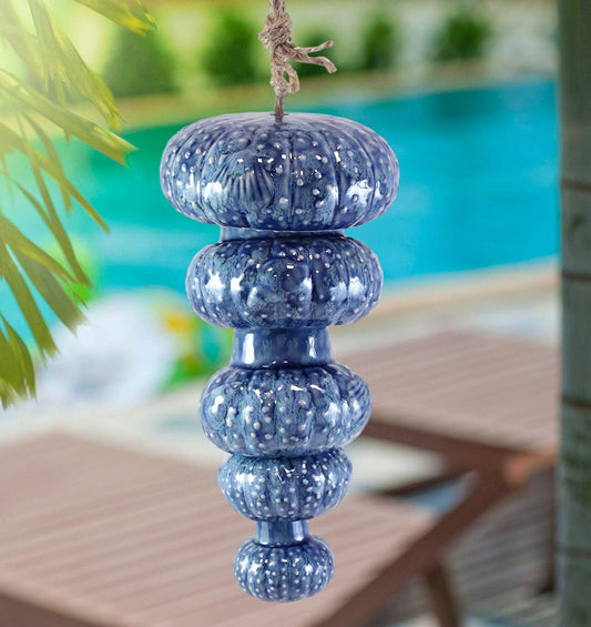 Ebros Gift Ceramic Cobalt Blue Nautical Stylized Jellyfish Mobile Wind Chime With Patterned Hand Painting Of Sea Urchins Starfish Shells Deck Patio Pool Garden Outdoor Coastal Ocean Beach Theme Accent