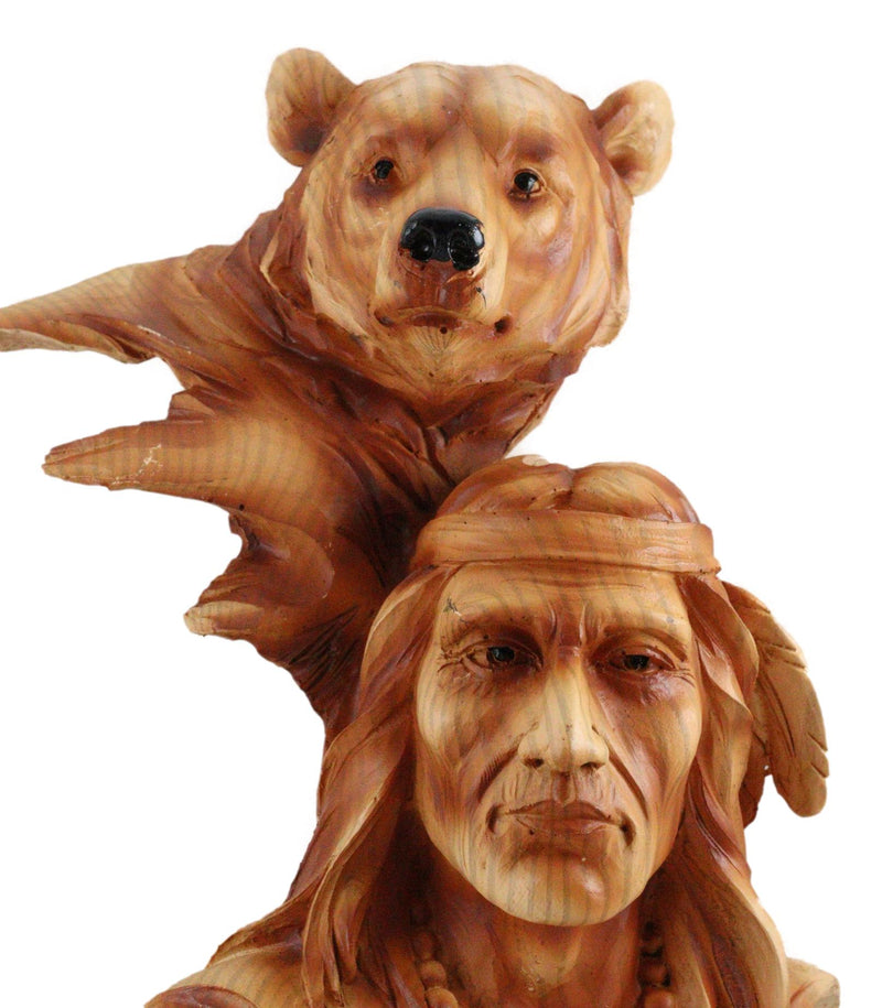 Native American Indian Warrior Chief With Black Bear Faux Wood Resin Figurine