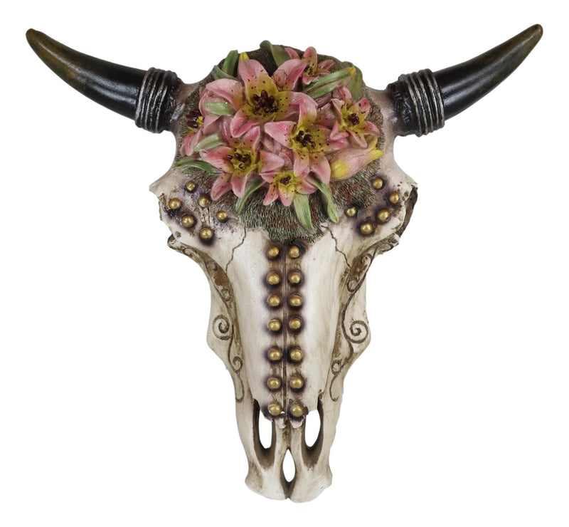 Western Bull Cow Skull With Floral Lilies & Golden Nailheads Wall Decor Plaque