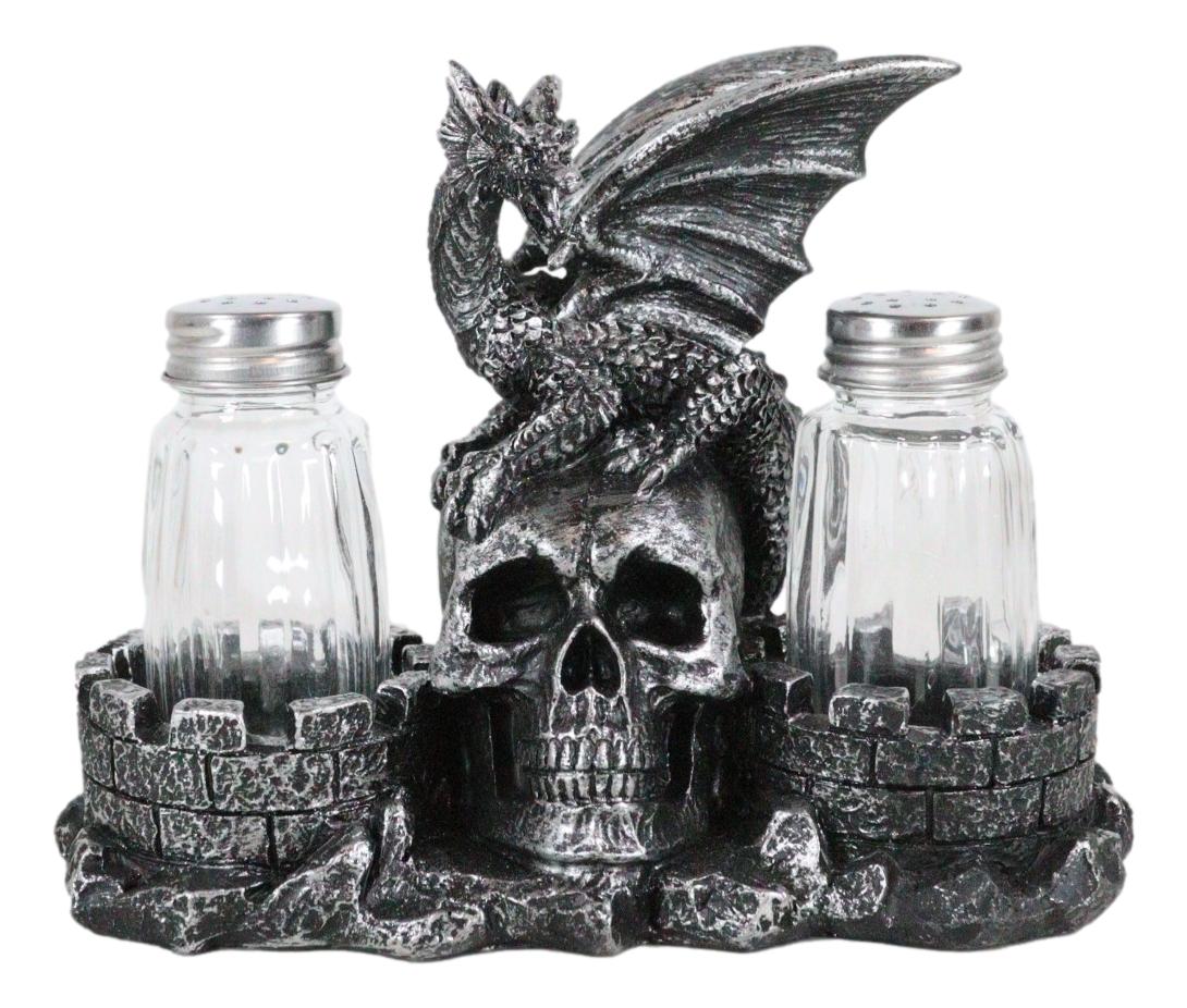 Medieval Dragon On Oversized Skull By Castle Towers Salt Pepper Shakers Holder - Ebros Gift