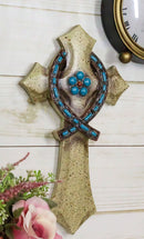 Rustic Beige Greek Ichthys Christ Fish Symbol with Turquoise Gems Wall Cross