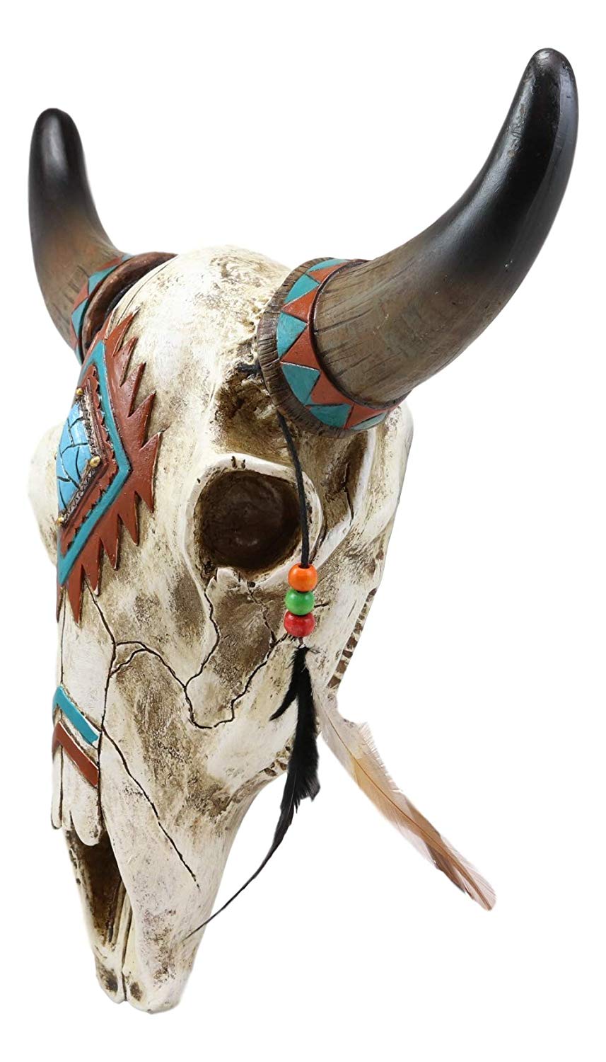 Ebros 12.5" Wide Western Southwest Steer Bison Buffalo Bull Cow Horned Skull Head with Faux Turquoise Diamond and Dream Catcher Feathers with Beads Wall Mount Decor - Ebros Gift