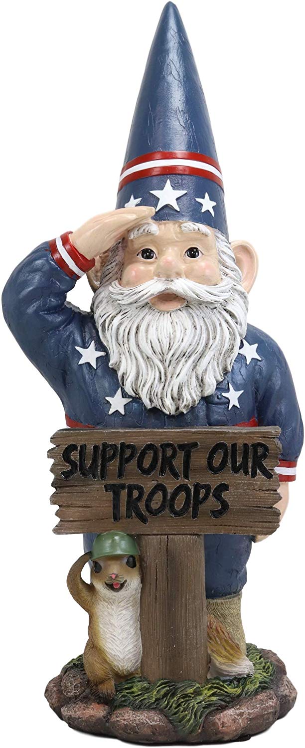 Ebros Gift 17" Tall Americana USA Patriotic Gnome with Pet Squirrel in Military Salute Statue with Support Our Troops Sign American Flag Uniform Druid Dwarf Home Garden Patio Lawn Figurine - Ebros Gift