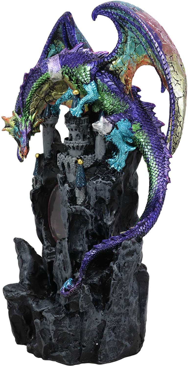 Ebros Large 13" Tall Aurora Rainbow Dragon Climbing Gothic Fortress Castle Above Rocky Cliff Statue with LED Light Glass Window Showing Wyrmling Hatchling Baby Medieval Dungeons Dragons Fantasy Decor