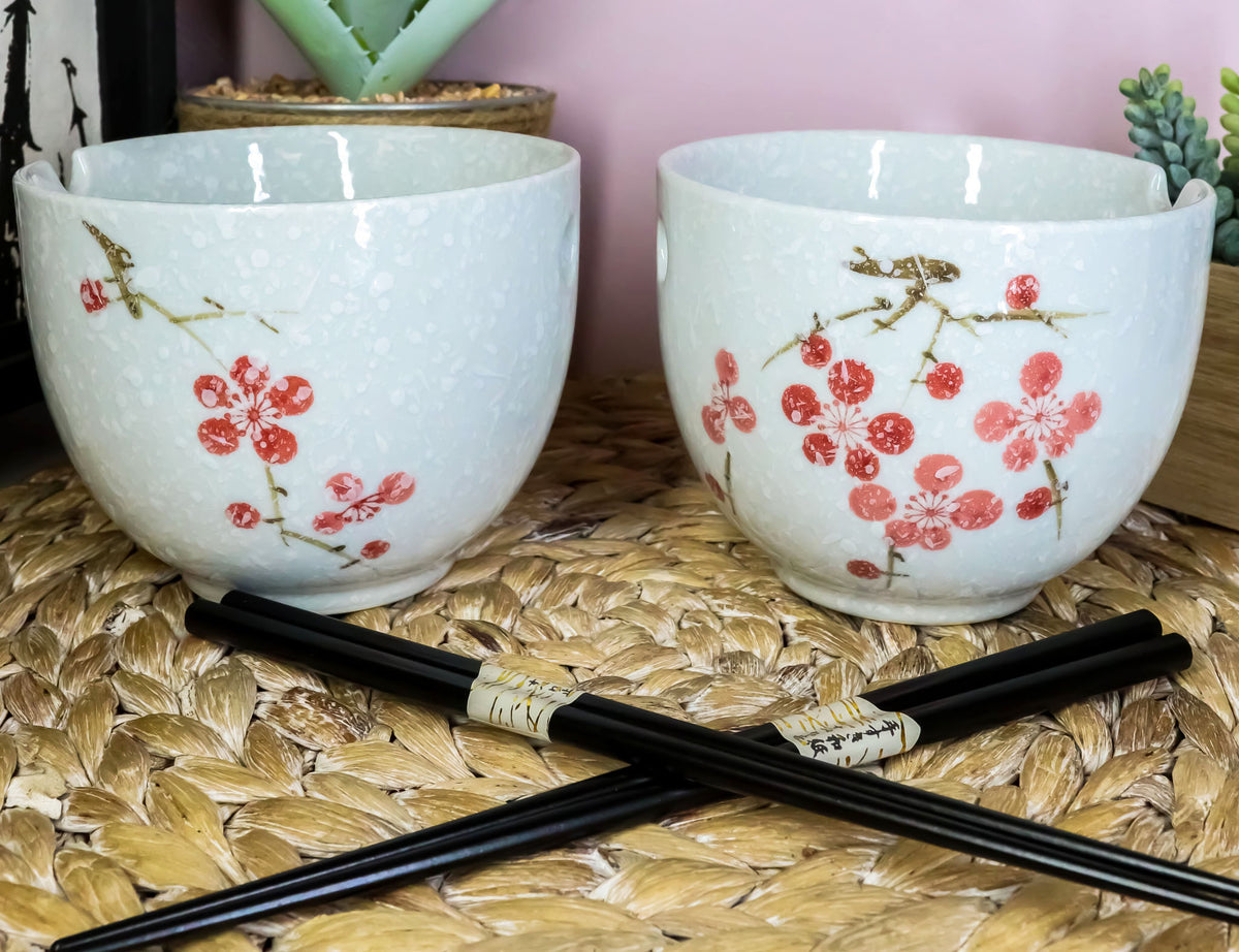 Ceramic Japanese Sakura Pink Cherry Blossoms Ramen Noodle Bowls Chopsticks Set 2