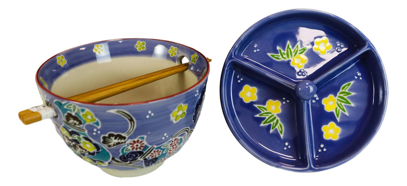 Purple Floral Sky Ramen Bowl With Tempura Divider Condiment Lid Chopsticks Set