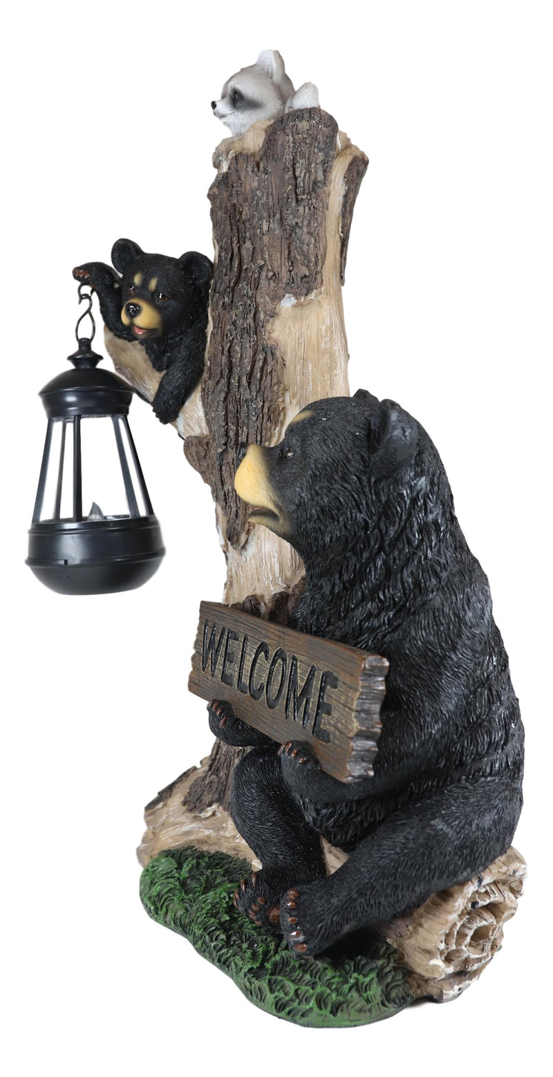 Ebros Forest Black Bear Mama And Cub With Raccoon Welcome Sign Solar LED Light Statue