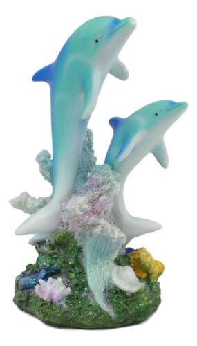 Sea World Nautical Two Bottlenose Dolphins Swimming By Coral Reefs Statue 5.5"H - Ebros Gift