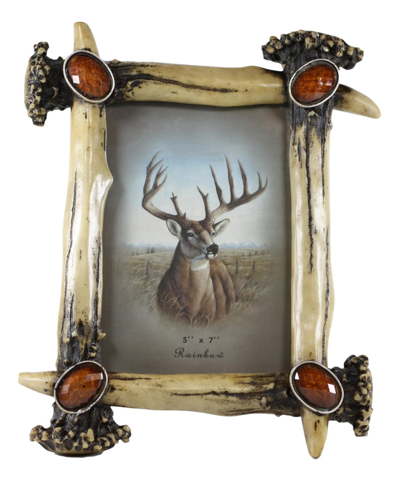 Rustic Buckhorn Stag Deer Antlers With Amber Faux Gems Easel Back Picture Frame