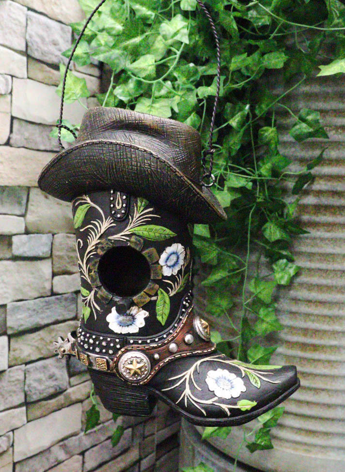 Pack Of 2 Western Red And Black Floral Cowboy Boots Birdhouse Bird Feeder Hanger