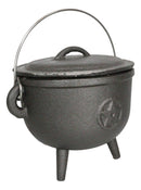 Cast Iron Occult Wicca Pentagram Star In Circle Cauldron With Handle and Lid