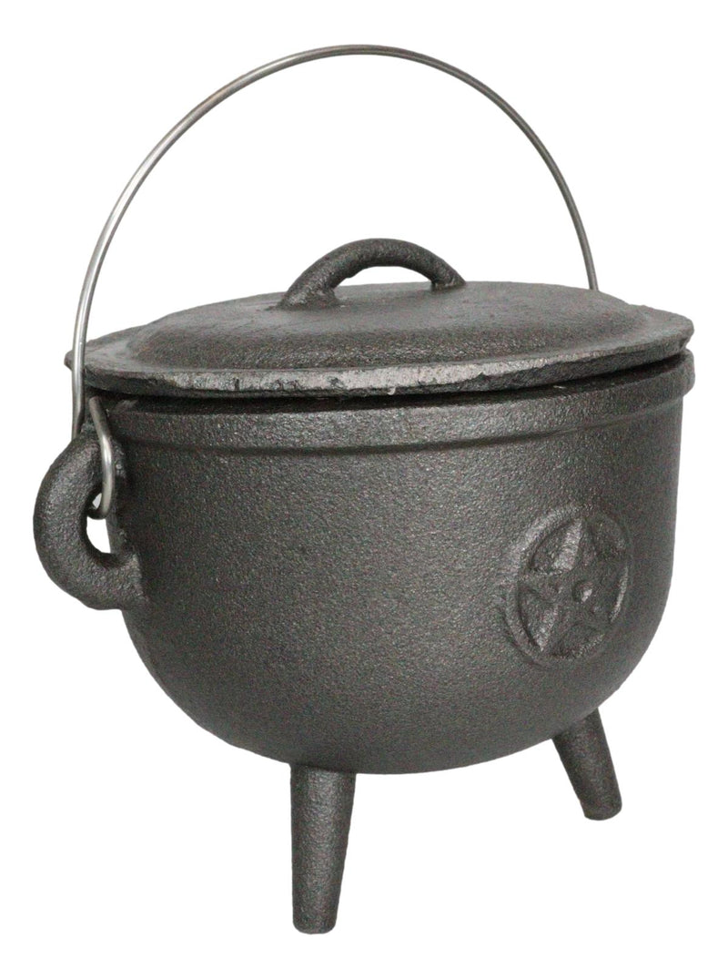 Cast Iron Occult Wicca Pentagram Star In Circle Cauldron With Handle and Lid