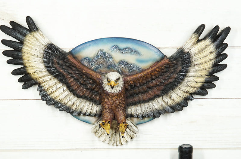 King Of The Skies Bald Eagle Open Wings With Mountain Scene Wall Decor Plaque