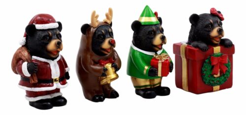 Christmas Bears Figurine Set 4"H Santa Claus Reindeer Elf Bear In The Box Wreath
