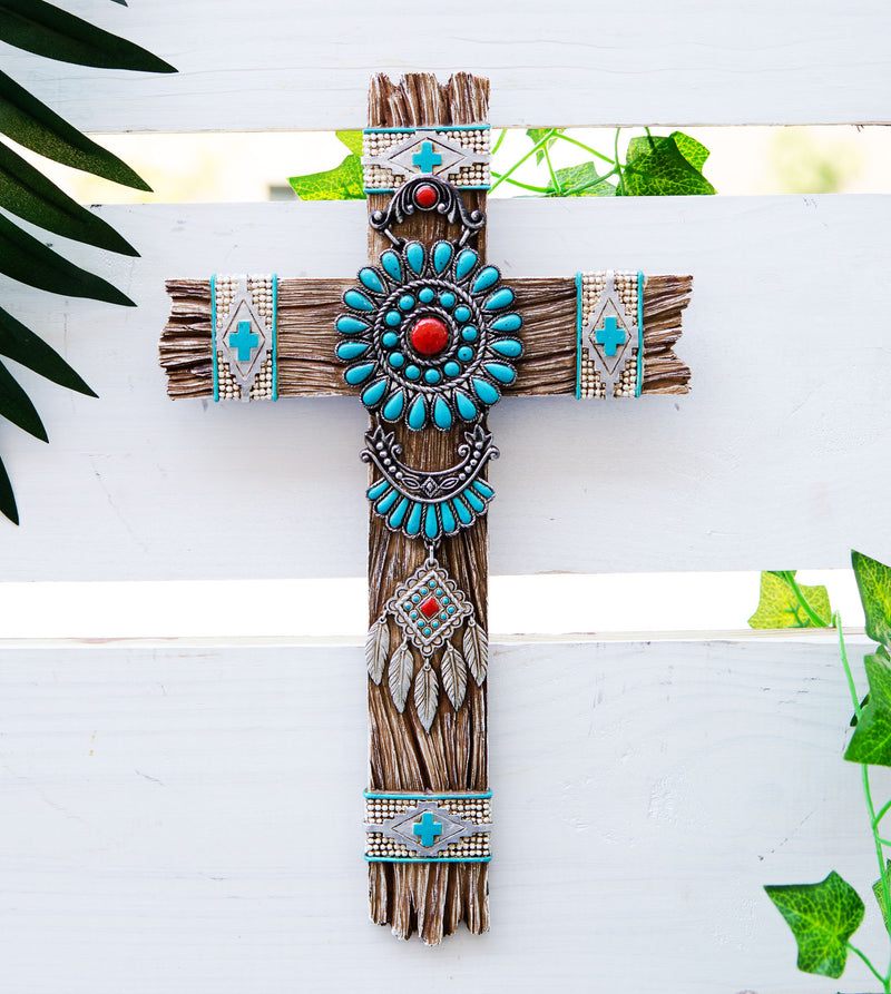 Ebros Southwest Native Indian Navajo Vector Turquoise Beads Dreamcatcher Wall Cross