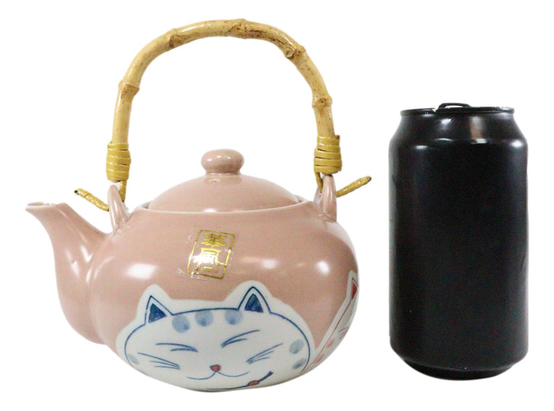 Ebros Auspicious Maneki Neko Lucky Fortune Cat Pink Ceramic Tea Set Teapot And 4 Cups