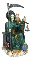 Seated Green Santa Muerte With Scythe Scales of Justice And Wise Owl Figurine 9"