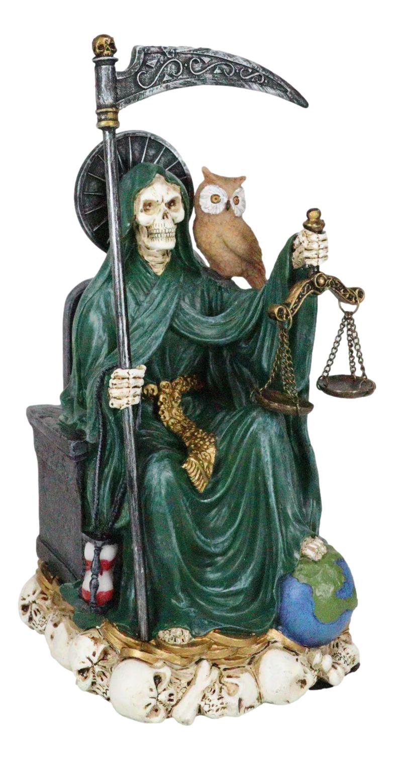 Seated Green Santa Muerte With Scythe Scales of Justice And Wise Owl Figurine 9"