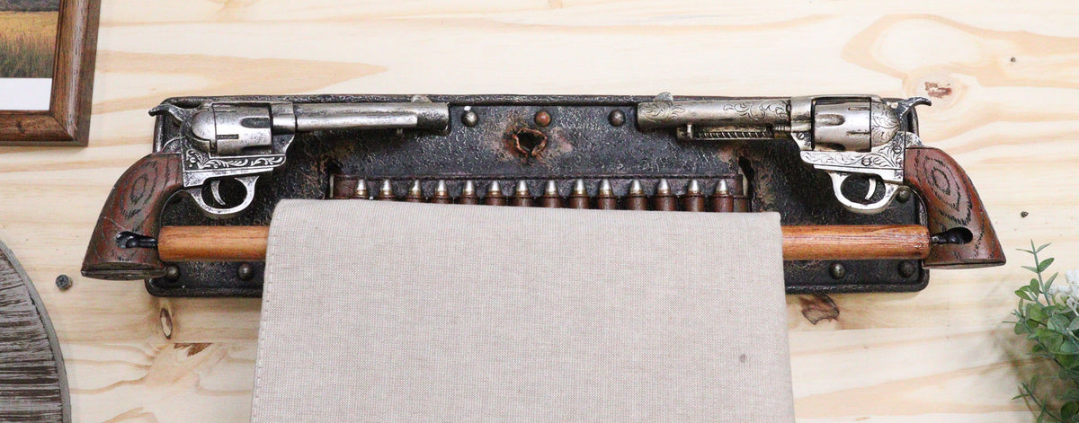 Wild Western Double Six Shooter Pistols With Bullets Wall Towel Holder