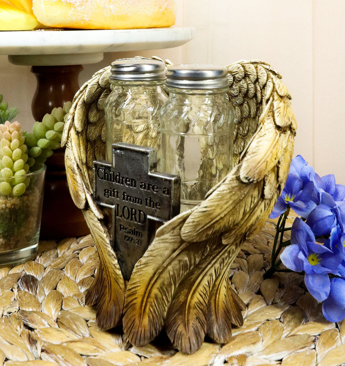 Holy Cross Psalm127 Scripture Heart Angel Wings Salt Pepper Shakers Holder Set