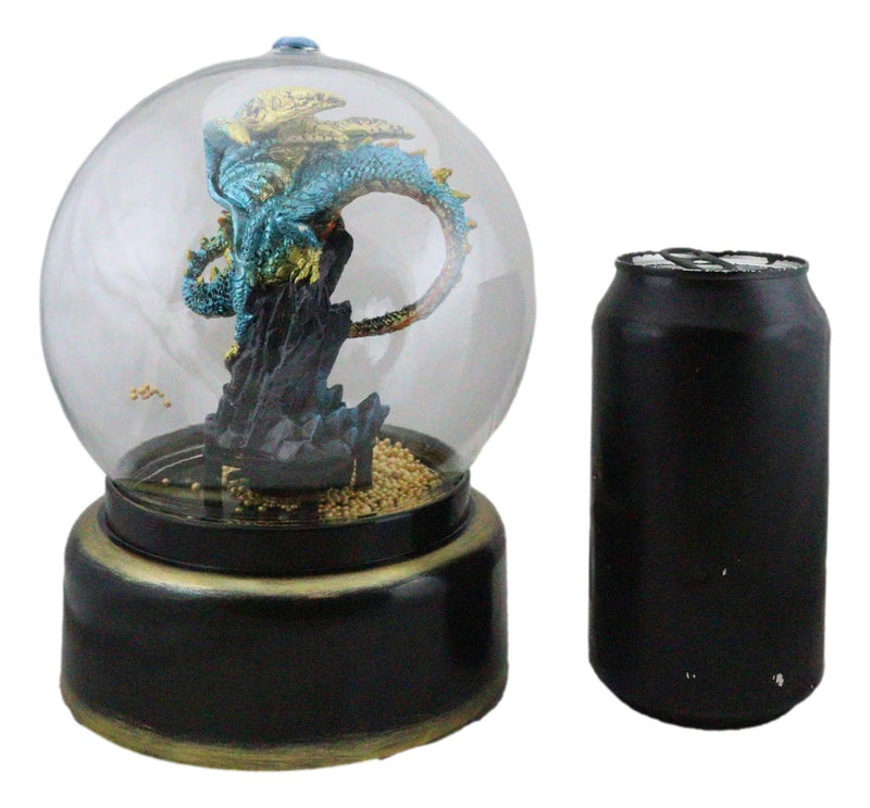Aqua Blue Dragon On Rock Pillar Musical Air Powered Glitter Globe With LED Light