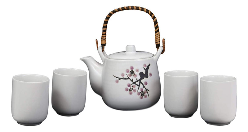 Japanese Design Pink Cherry Blossoms Sakura Porcelain White Tea Pot And Cups Set