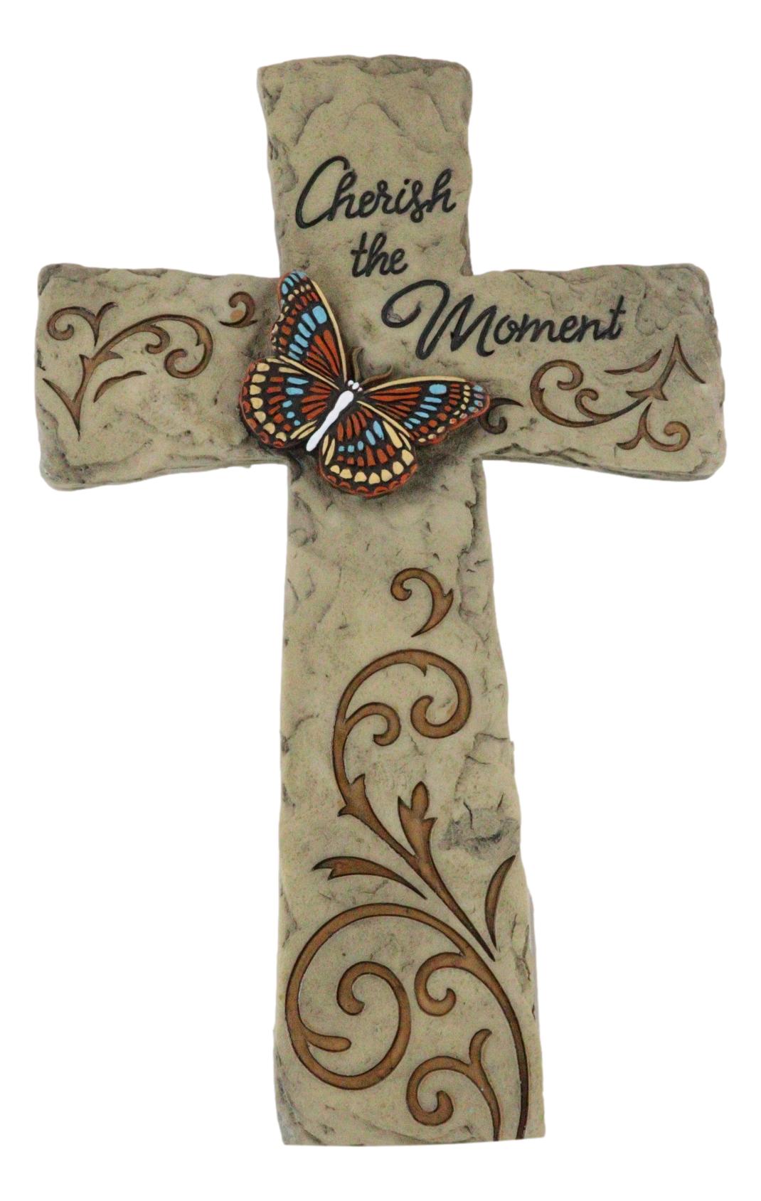 Rustic Western Butterfly Cherish The Moment Scroll Art Faux Stone Wall Cross