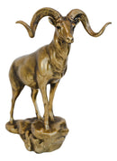Large Country Wildlife Bighorn Sheep Ram Climbing On Rock Statue In Gold Patina
