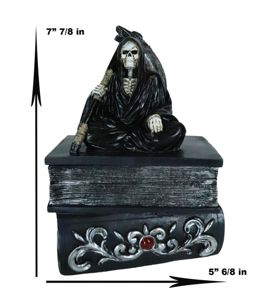 Ebros Macabre Grim Reaper With Scythe Sitting On Books Of Life Jewelry Box