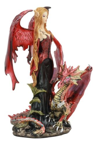 Ebros Red Fairy Dragon Figurine 8"H Pixie Fire Fairy W/ Chained Dragon Figurine