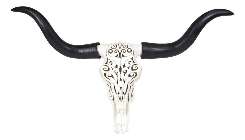 Large 27 Inch Long Legacy Longhorn Cow Black and White Tattoo Design Figurine