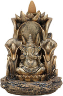 Ebros Golden Hinduism Avatar Ganapati Lord Ganesha with 4 Hands Seated On Lotus Throne Backflow Cone Incense Burner Statue 5.25" Tall Hindu Vastu Wisdom and Prosperity Altar Decor Figurine