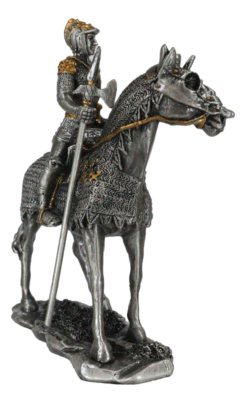 Pewter Metal Medieval Suit Of Armor Knight On Horse With Spear Axe Figurine