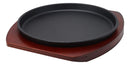 Ebros Personal Size Cast Iron Sizzling Fajita Pan Skillet Japanese Steak Plate With Wood Underliner Base Restaurant Home Kitchen Cooking Supply (Round 8.75"Diameter)